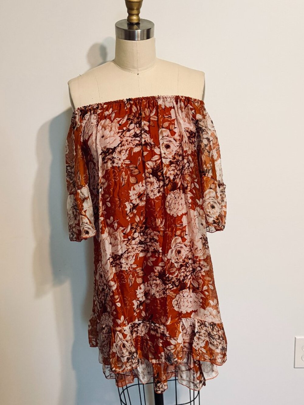 Elena Baldi Silk Off-the-Shoulder Shift Ruffle Dress, Made in Italy, XS